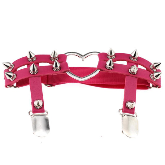 Elastic Punk Leg Garter w/ Silver Spikes & Heart