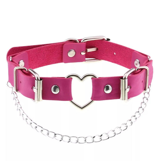 Leather Choker with Small Metal Heart and Chain