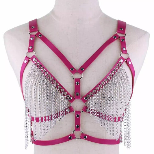 Leather Chest Harness w Chains