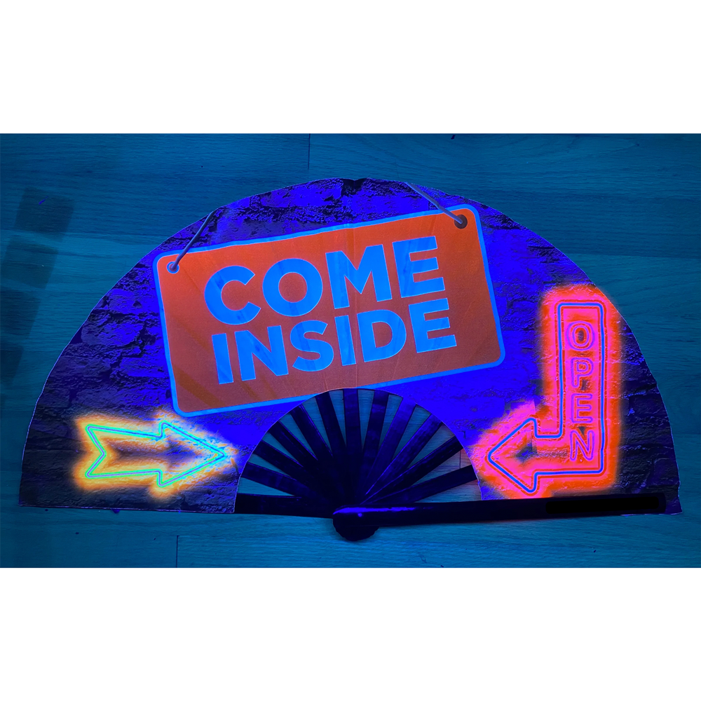 UV Glow rave fan that says come inside