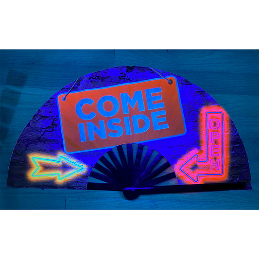 UV Glow rave fan that says come inside