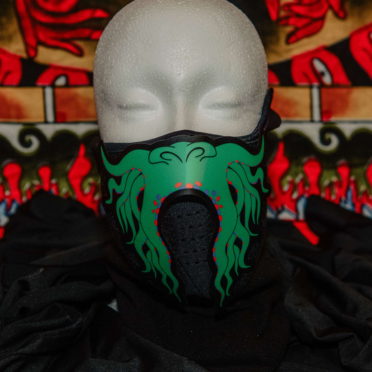Green Dragon Rave Mask in the light