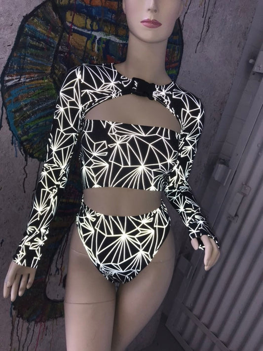 REFRACTION | REFLECTIVE | Long Sleeve Buckle Top Only, Women's Festival Top, Rave Top