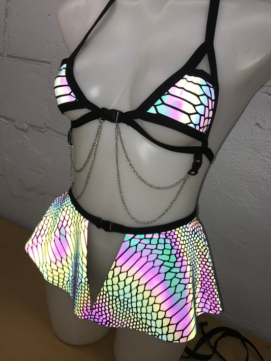 SLITHER | REFLECTIVE | Chain Cage Top + Mini Skirt, Women's Festival Outfit, Rave Set