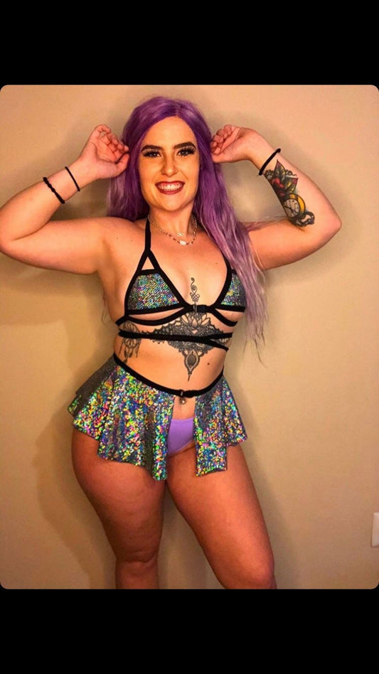 DISCO QUEEN | Cage Top + Ultra Mini Buckle Skirt