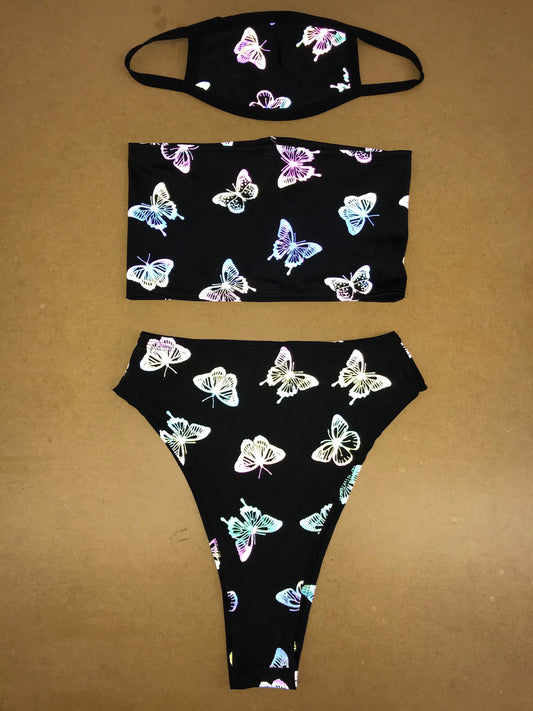 REFLECTIVE BUTTERFLY | Tube Top + High Waisted High Cut Bottoms + Mask, Women's Festival Outfit, Rave Set