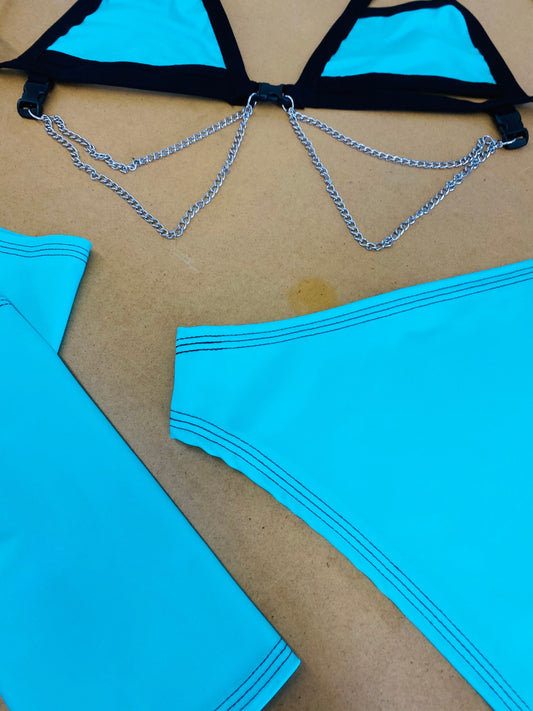 BLUE BASIC B*TCH | Chain Cage Top + High Waisted High Cut Bottoms + Mask + Gloves, Women's Festival Outfit, Rave Set