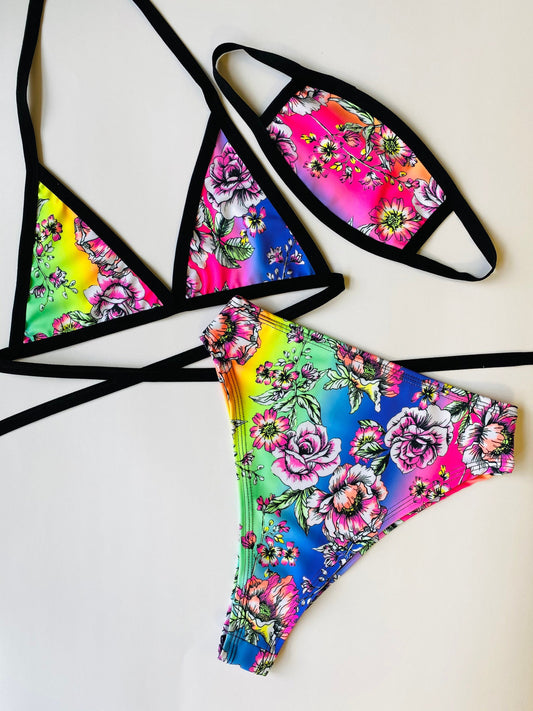 RAINBOW FLOWER | Triangle Top + High Waist High Cut Bottoms + Mask, Women's Festival Outfit, Rave Set