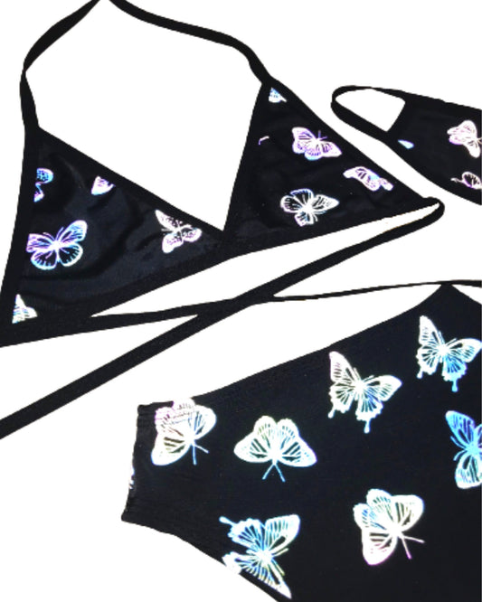 REFLECTIVE BUTTERFLY | Triangle Top + High Waist High Cut Bottoms + Mask, Women's Festival Outfit, Rave Set