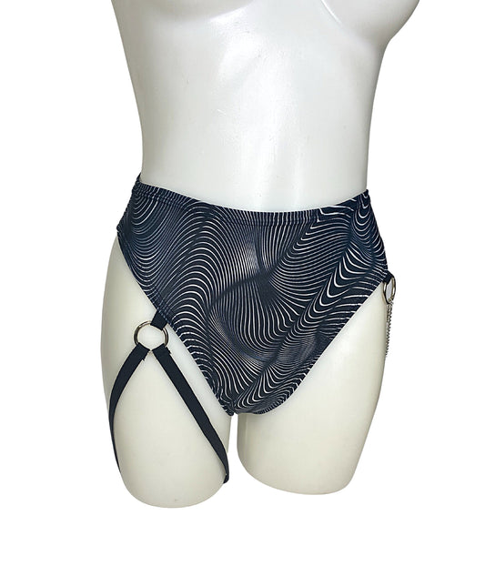 ILLUSIONS | High Waisted High Cut Chain Bottoms with Leg Wrap, Festival Bottoms, Rave Bottoms, Black Rave Outfit