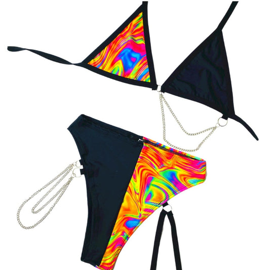 ALL THE GLOW | Mismatch Triangle Chain Top + High Waisted High Cut Chain Bottoms with Leg Wrap, Women's Festival Outfit, Rave Set