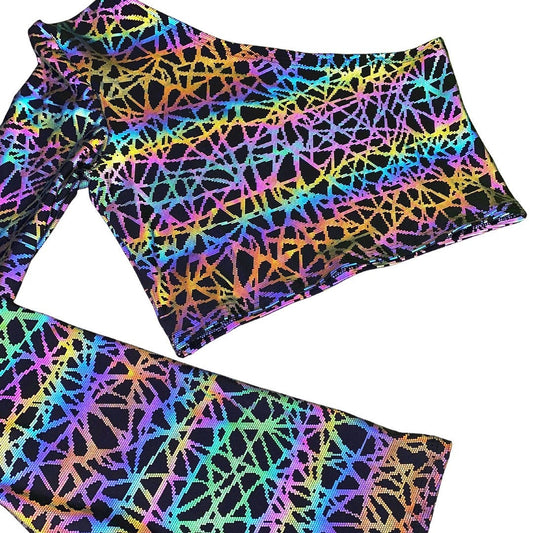 RAINBOW STATIC | REFLECTIVE | One Shoulder Bell Sleeve Top, Women's Festival Top, Rave Top