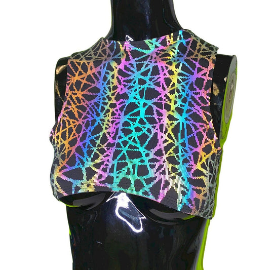 RAINBOW STATIC | REFLECTIVE | Underboob Sporty Crop Top, Women's Festival Top, Rave Top