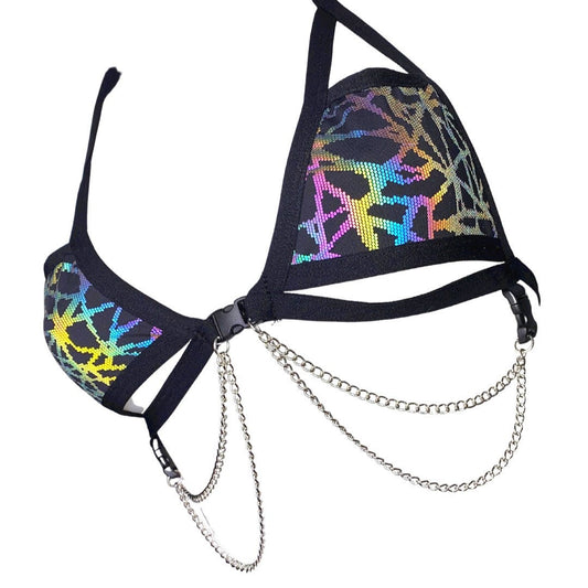 RAINBOW STATIC | REFLECTIVE | Chain Cage Top, Festival Top, Rave Top with Chains