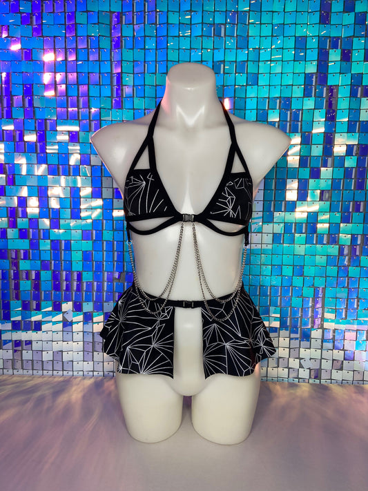 REFRACTION | REFLECTIVE | Chain Cage Top + Ultra Mini Buckle Skirt, Women's Festival Outfit, Rave Set