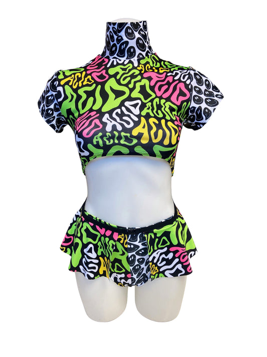 ACID | Crop Turtle Neck I Split Acid and Black Smiley Women's Festival Top, Rave Top