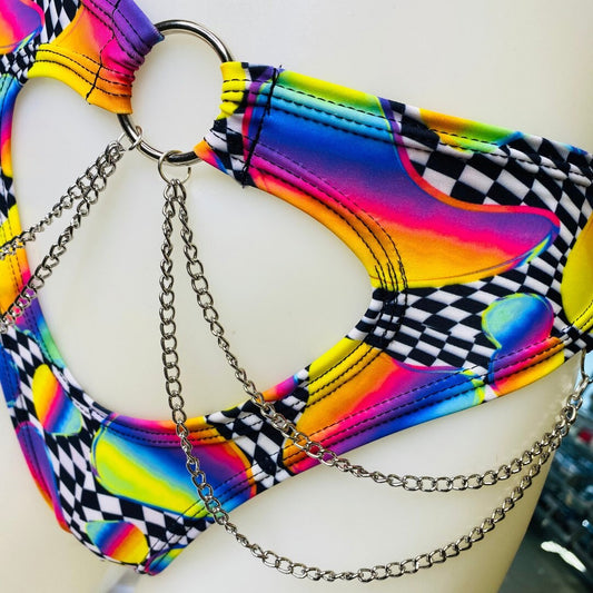 RETRO RAVE | High Waisted High Cut Chain Bottoms wit cut out, Festival Bottoms, Rave Bottoms, Black Rave Outfit