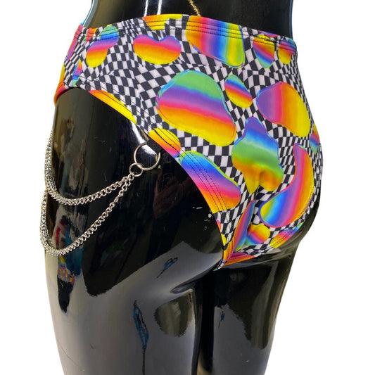 RETRO RAVE | High Waisted High Cut Bottoms with side chain, Festival Bottoms, Rave Bottoms, Black Rave Outfit