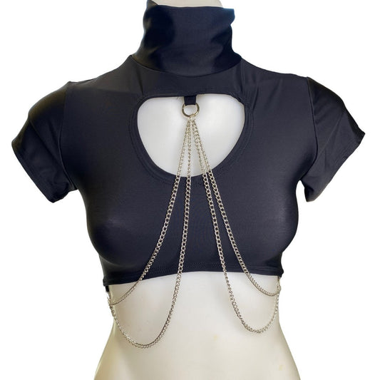 BLACK | Underboob Mock Neck Crop Top With Cut out and Chain, Women's Festival Top, Rave Top