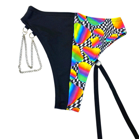 RETRO RAVE | High Waisted High Cut Chain Bottoms with Leg Wrap, Festival Bottoms, Rave Bottoms, Black Rave Outfit