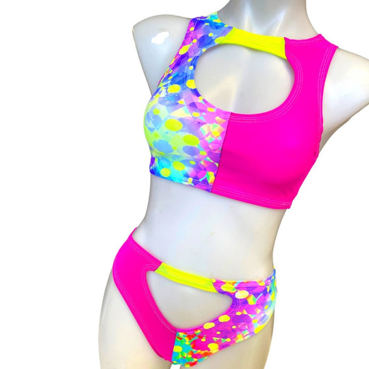 NEON BURST | Tri Color | Sporty Crop Top + High Waisted High Cut Bottoms with Cut Out , Women's Festival Outfit, Rave Set