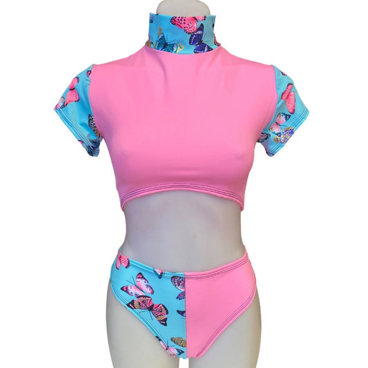 PINK BUTTERFLY | Underboob Mock Neck Crop Top, Women's Festival Top, Rave Top