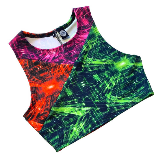 TRI COLOR| Cyber Grid | Ready To Ship | Limited Edition Sporty Crop Top, Women's Festival Top, Rave Top