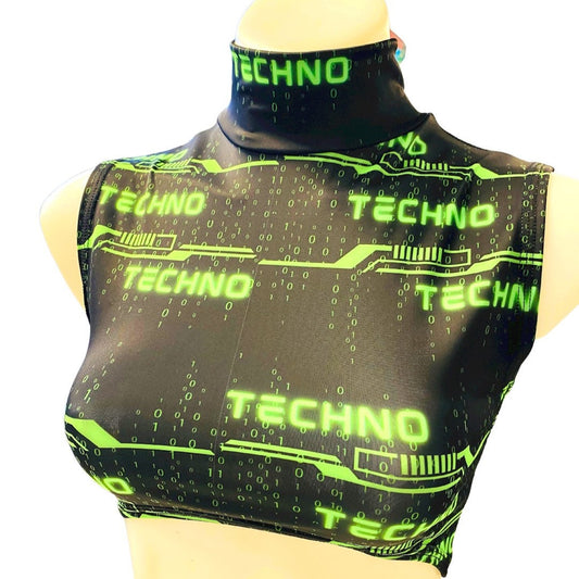 GREEN TECHNO | Underboob Mock Neck Crop Top Sleeveless , Women's Festival Top, Rave Top