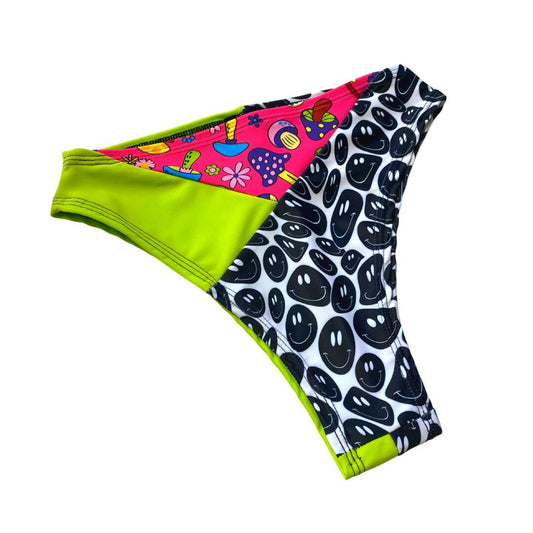 TRI COLOR | Mushroom Smiley | Ready to Ship | High Waisted High Cut Bottoms, Festival Bottoms, Rave Bottoms, Rainbow Rave Outfit