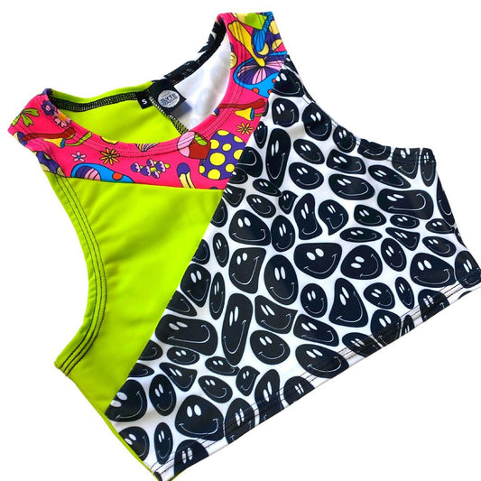 TRI COLOR| Mushroom Smiley | Ready To Ship | Limited Edition Sporty Crop Top, Women's Festival Top, Rave Top