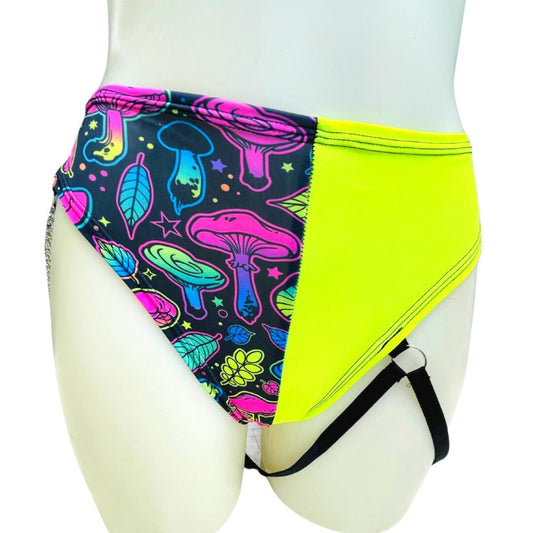 ELECTRIC MUSHROOM | High Waisted High Cut Chain Bottoms with Leg Wrap, Festival Bottoms, Rave Bottoms, Black Rave Outfit