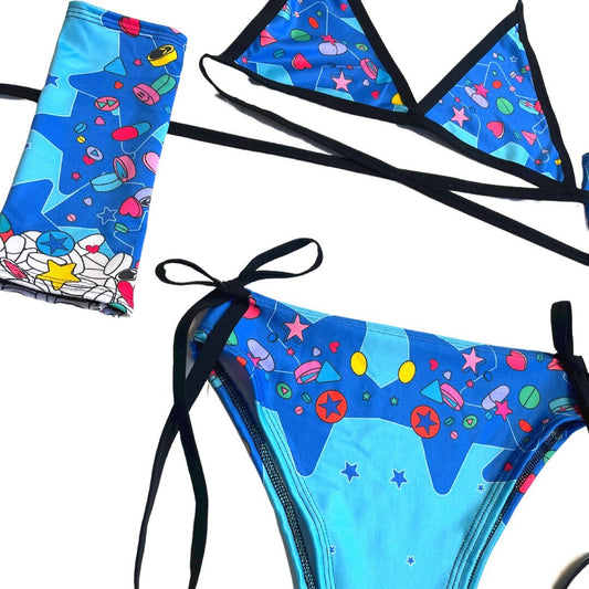 KANDI GIRL | Triangle Top + High Waisted High Cut Bow straps with Fluff Bottoms and matching Gloves Women's Festival Outfit, Rave Set