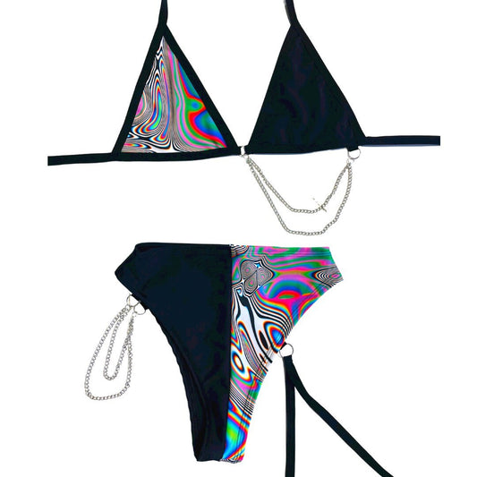 LUCID DREAMS | Mismatch Triangle Chain Top + High Waisted High Cut Chain Bottoms with Leg Wrap, Women's Festival Outfit, Rave Set