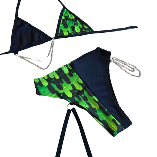 ALL THE SLIME | Mismatch Triangle Chain Top + High Waisted High Cut Chain Bottoms with Leg Wrap, Women's Festival Outfit, Rave Set