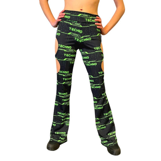 GREEN TECHNO | Cut Out Flare Bell Bottom Pants, Festival Bottoms, Rave Pants, Yoga Pants