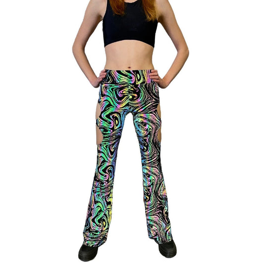 OIL SPILL FLARES| Cut Out Reflective Flare Bell Bottom Pants, Festival Bottoms, Rave Pants, Yoga Pants