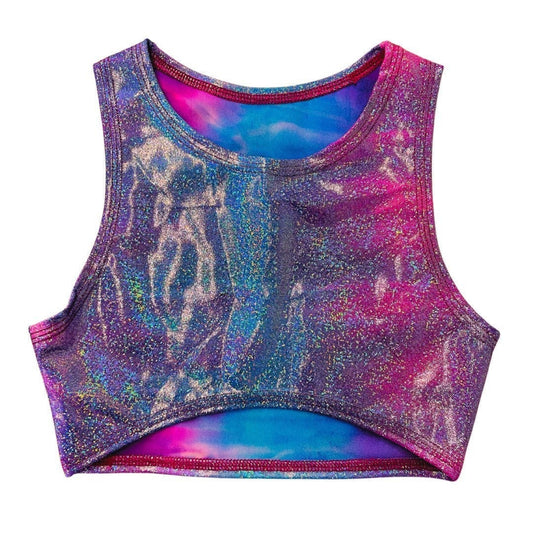 FESTIE BESTIE| Pink/Blue Holographic Underboob Sporty Crop Top, Women's Festival Top, Rave Top
