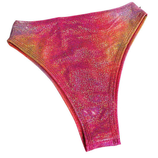 FESTIE BESTIE | Pink/Orange Holographic High Waisted High Cut Bottoms, Festival Bottoms, Rave Bottoms, Rave Outfit