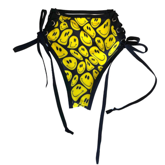 YELLOW Happy | High Waisted High Cut Side Tie Bottoms, Festival Bottoms, Rave Bottoms, Black Rave Outfit
