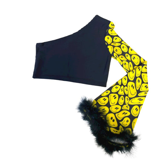 YELLOW HAPPY | One Shoulder Bell sleeve top with Fluff Women's Festival Top, Rave Top