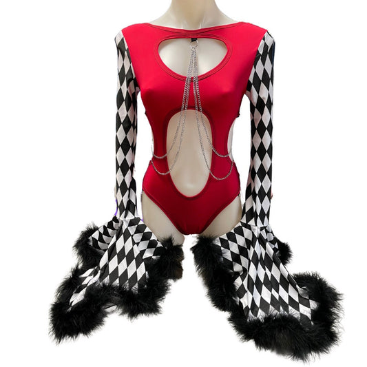 HARLEY | Aria Cut-Out Cascade Bell Sleeve Bodysuit with Fluff and Chain Detail
