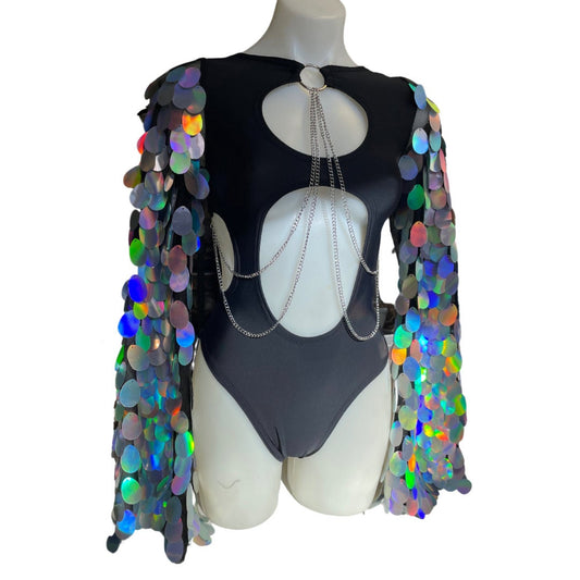 OG SEQUIN | Black and Holo | Aria Cut-Out Bell Sleeve Bodysuit | chain detail