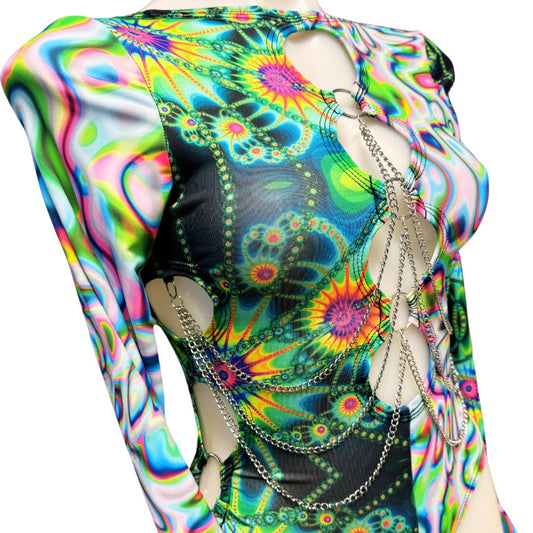 OOAK | Pre ORDER | Aria Cut-Out Cascade Bell Sleeve Bodysuit with Fluff and Chain Detail