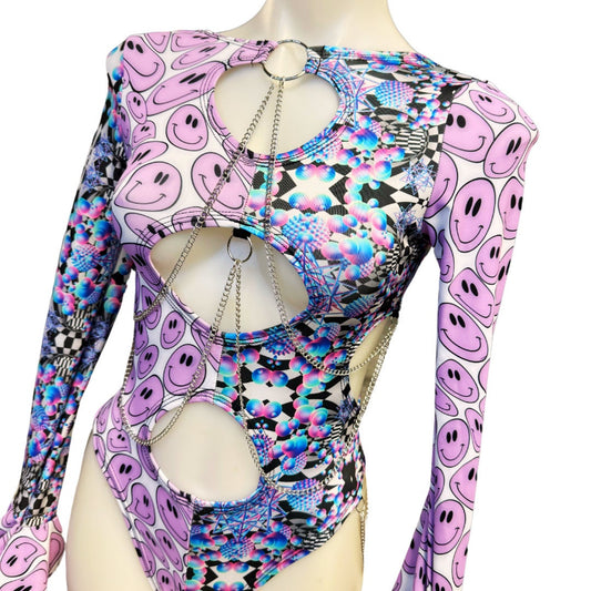 OOAK | Size Medium | Aria Cut-Out Cascade Bell Sleeve Bodysuit with Fluff and Chain Detail