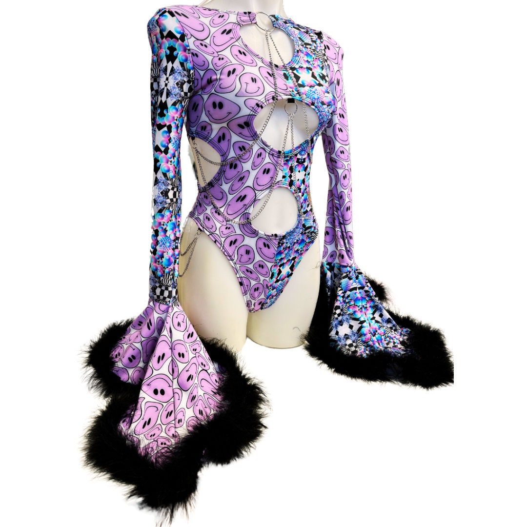 OOAK | Size Medium | Aria Cut-Out Cascade Bell Sleeve Bodysuit with Fluff and Chain Detail