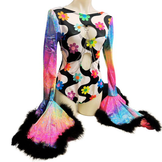 OOAK | Size XLARGE | Aria Cut-Out Cascade Bell Sleeve Bodysuit with Fluff and Chain Detail