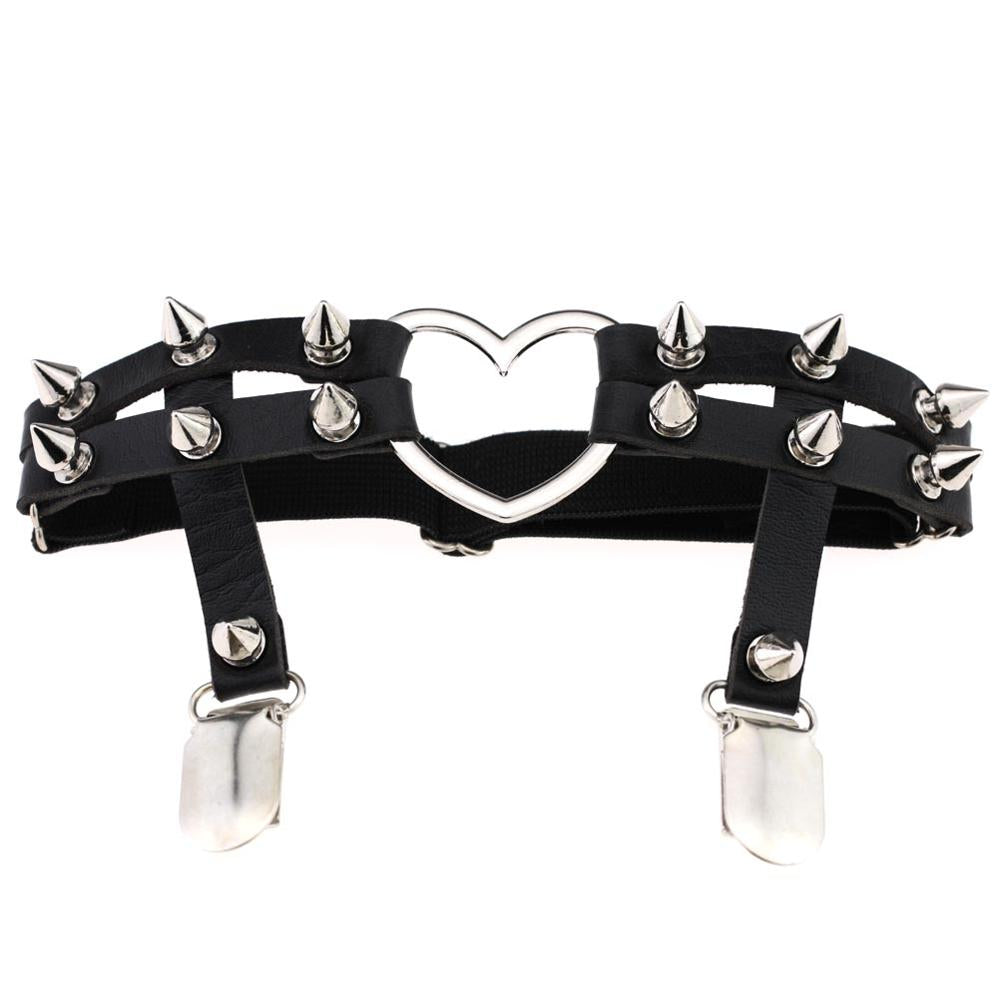 Elastic Punk Leg Garter w/ Silver Spikes & Heart