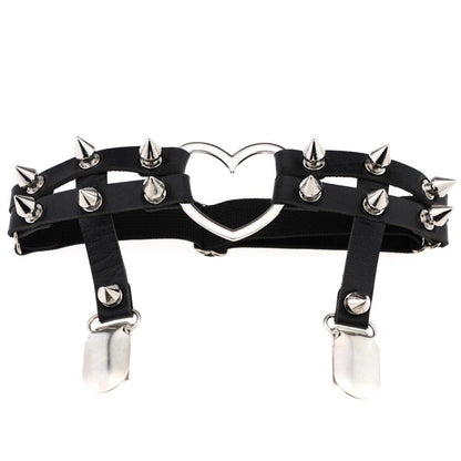 Elastic Punk Leg Garter w/ Silver Spikes & Heart