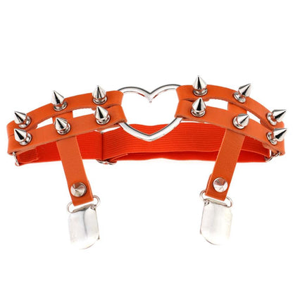 Elastic Punk Leg Garter w/ Silver Spikes & Heart