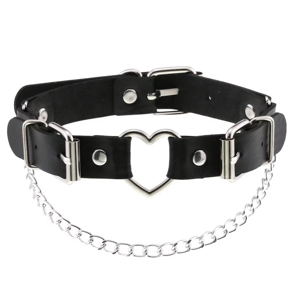 Leather Choker with Small Metal Heart and Chain